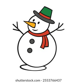 Snow man vector illustration,  Snowman with hat and scarf, cartoon character, vector illustration isolated on white background. 