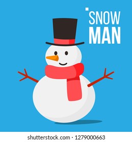 Snow Man Vector. Winter Fun Activity. Classic Christmas Snowman With Piligrim Hat Isolated Flat Cartoon Illustration