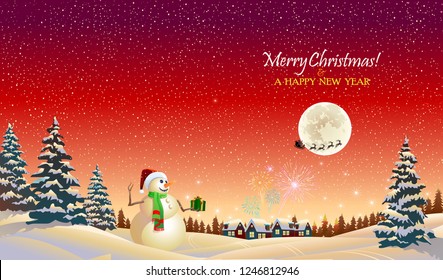 Snow man waving goodbye to Santa Claus 