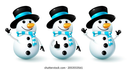 Snow man winter characters vector set. Snowman 3d character with hat and scarf in waving, okay and cheerful pose and gesture for snowy season cartoon collection design. Vector illustration.
