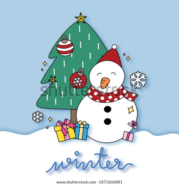 贈り物を持つ雪男と冬の季節 クリスマスツリー 雪片 星 明るい泡 冬の言葉の背景に雪 簡単なかわいい手描きの線のベクター画像と平らなアイコンイラスト のベクター画像素材 ロイヤリティフリー