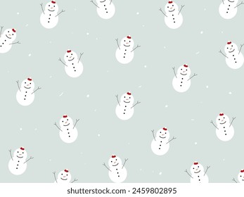 Snow mans and snow flakes pattern for Winter season concept. Hand drawn isolated illustrations.