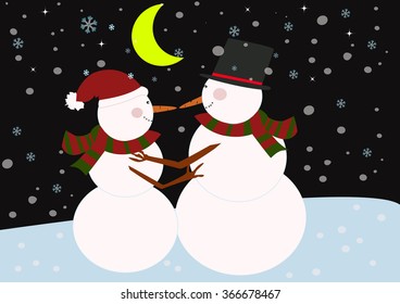 Snow mans looking at each other in the moonlight light