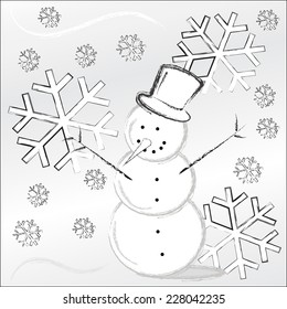 Snow man.Winter scene with snowman and snowflakes.Hello winter .Winter.Season.