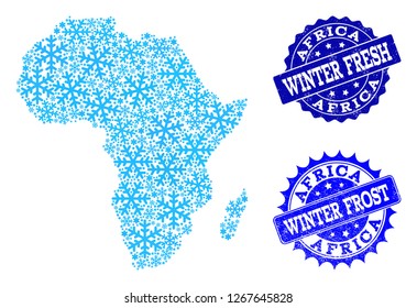 Snow map of Africa and rubber stamp seals in blue colors with Winter Fresh and Winter Frost captions. Mosaic map of Africa is designed with ice elements.