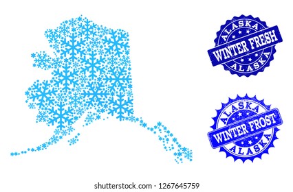 Snow map of Alaska State and grunge stamp seals in blue colors with Winter Fresh and Winter Frost titles. Mosaic map of Alaska State is designed with snow flakes.