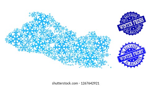 Snow map of El Salvador and rubber stamp seals in blue colors with Winter Fresh and Winter Frost captions. Mosaic map of El Salvador is formed with ice elements.