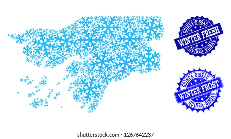Snow map of Guinea-Bissau and grunge stamp seals in blue colors with Winter Fresh and Winter Frost captions. Mosaic map of Guinea-Bissau is created with snow flakes.