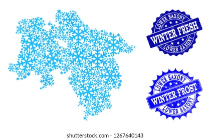 Snow map of Lower Saxony State and scratched stamp seals in blue colors with Winter Fresh and Winter Frost texts. Mosaic map of Lower Saxony State is formed with ice elements.