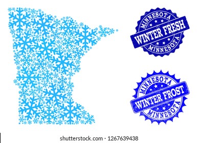 Snow map of Minnesota State and grunge stamp seals in blue colors with Winter Fresh and Winter Frost titles. Mosaic map of Minnesota State is formed with snow flakes.