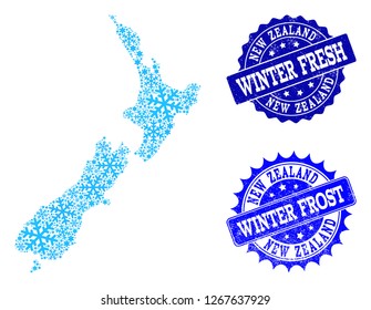 Snow map of New Zealand and distress stamp seals in blue colors with Winter Fresh and Winter Frost titles. Mosaic map of New Zealand is created with snow flakes.