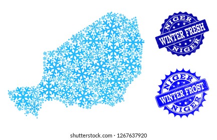 Snow map of Niger and scratched stamp seals in blue colors with Winter Fresh and Winter Frost titles. Mosaic map of Niger is created with snow flakes.