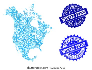 Snow map of North America and distress stamp seals in blue colors with Winter Fresh and Winter Frost titles. Mosaic map of North America is formed with ice elements.