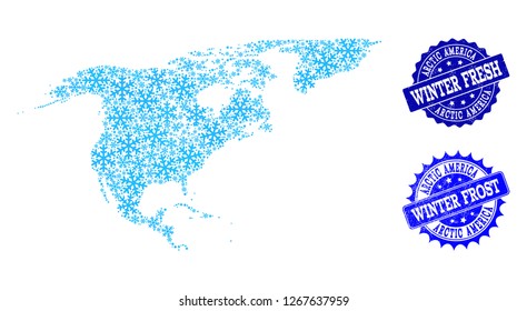 Snow map of North America and Greenland and rubber stamp seals in blue colors with Winter Fresh and Winter Frost texts. Mosaic map of North America and Greenland is composed with snow flakes.