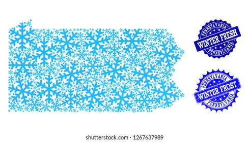 Snow map of Pennsylvania State and scratched stamp seals in blue colors with Winter Fresh and Winter Frost texts. Mosaic map of Pennsylvania State is created with snow flakes.
