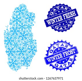 Snow map of Qatar and grunge stamp seals in blue colors with Winter Fresh and Winter Frost captions. Mosaic map of Qatar is created with snow flakes.