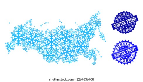 Snow map of Russia and distress stamp seals in blue colors with Winter Fresh and Winter Frost captions. Mosaic map of Russia is designed with ice elements.