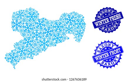 Snow map of Saxony State and grunge stamp seals in blue colors with Winter Fresh and Winter Frost captions. Mosaic map of Saxony State is composed with snow flakes.