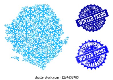 Snow map of Sierra Leone and rubber stamp seals in blue colors with Winter Fresh and Winter Frost titles. Mosaic map of Sierra Leone is created with snow flakes.