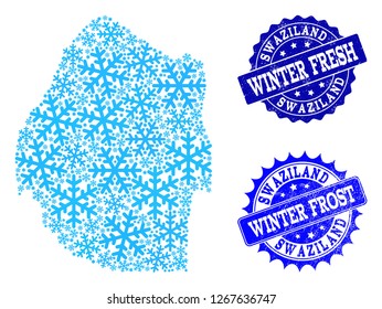 Snow map of Swaziland and grunge stamp seals in blue colors with Winter Fresh and Winter Frost captions. Mosaic map of Swaziland is formed with ice elements.