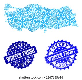 Snow map of Turkey and scratched stamp seals in blue colors with Winter Fresh and Winter Frost titles. Mosaic map of Turkey is designed with snow flakes.