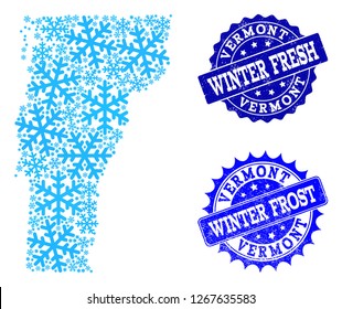 Snow map of Vermont State and grunge stamp seals in blue colors with Winter Fresh and Winter Frost captions. Mosaic map of Vermont State is composed with ice elements.