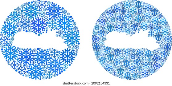 Snow Meghalaya State map mosaic is designed with circle and cut out shape. Vector Meghalaya State map mosaic of snowflake items in different sizes and blue color tinges.
