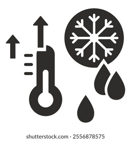 snow melting icon, high temperature, ice turning into water, flat vector illustration on white background