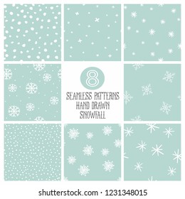 Snow minimalism seamless pattern collection. Hand drawn design style.