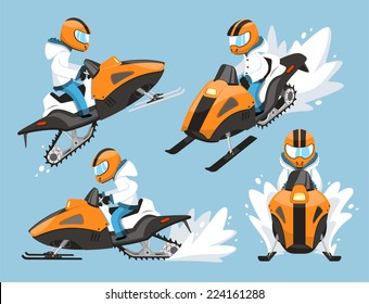 Snow Mobile Cartoon Race Set Vector Cartoon Illustration