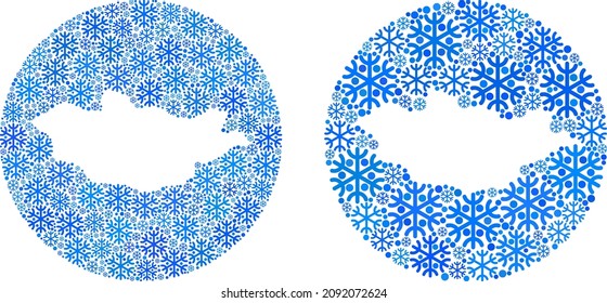 Snow Mongolia map collage is created with sphere and hole. Vector Mongolia map collage of ice ojects in various sizes and blue color tinges. Created for winter news.