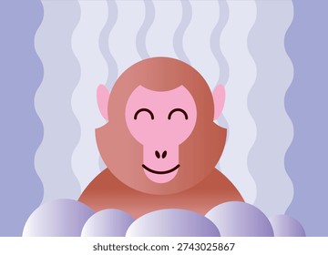 Snow Monkey in Hot Spring, Japan Japanese Culture Symbol, Minimal Gradient Clip Art, Flat Vector Illustration, Isolated Bath Scene for Poster, Banner, Social Media and Print