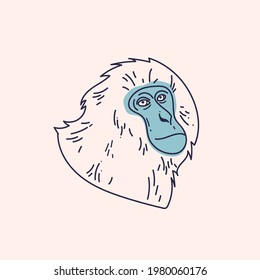 Snow monkey Ink style illustration. Japanese ape portrait outline design. Asian wildlife hand drawn tattoo art.