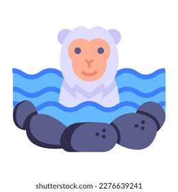 Snow monkey in water, flat icon