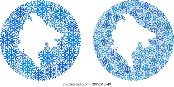 Snow Montenegro map mosaic is created with circle and subtracted shape. Vector Montenegro map collage of snow items in different sizes and blue color tints. Created for Christmas templates.