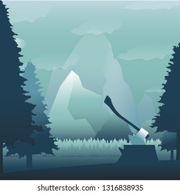 snow mountain with axe wood cutter illustration vector