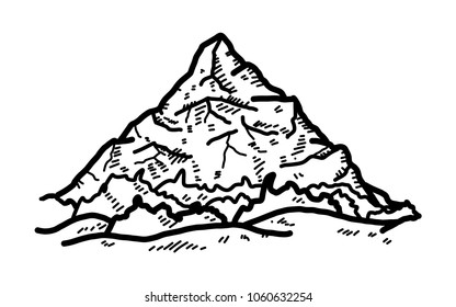snow mountain / cartoon vector and illustration, black and white, hand drawn, sketch style, isolated on white background.