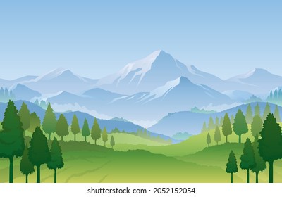 Snow Mountain and Forest in Spring Landscape Background, Natural Scenery and Environment View