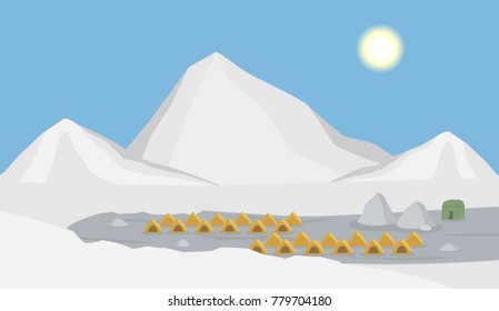 Snow Mountain Landscape With Climbers Tent , Base Camp,  Cartoon Vector