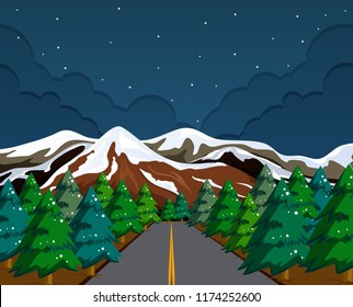 Snow mountain landscape at night illustration