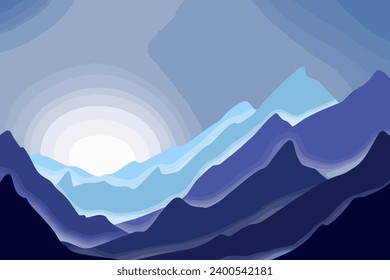 snow mountain landscape Sunset panorama and mountain silhouette Vector hiking background