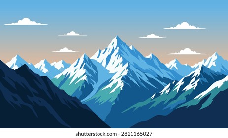 Snow Mountain Landscape Vector Background with Alpine Peaks
