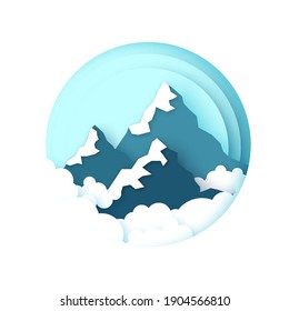 Snow Mountain Peaks. Landscape paper cut style. Sky and clouds. Circle frame. Vector
