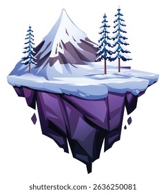 Schneeberg und Pinien auf schwimmenden Insel im Winter. Vektorgrafik