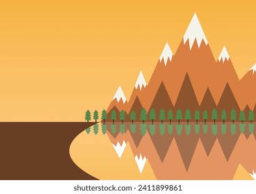 Snow Mountain reflection on Surface of Pond and Sunrise Sky Background with Space for Text.