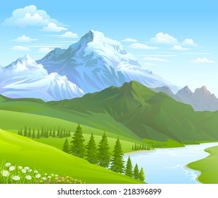 SNOW  MOUNTAIN AND RIVER FLOWING IN A VALLEY