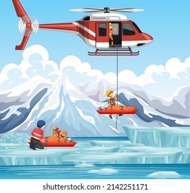 Snow mountain scene with firerman rescue in cartoon style illustration