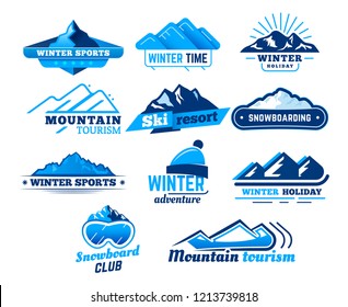 Snow mountain sign. Winter landscape logo, mountains symbol, ski or snowboard skiing, alps extreme ice weather rock emblem silhouette vector isolated icons design template