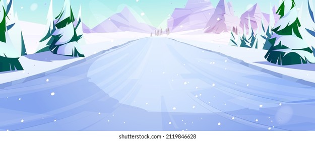 Snow mountain slope for ski and snowboard riding in perspective view. Vector cartoon pov illustration of winter landscape with snowy downhill, fir trees and rocks