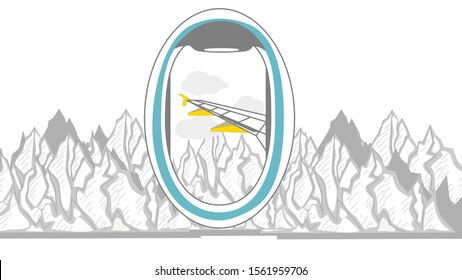 Snow mountain view from looking through the window on the plane while traveling, or banner, infographic, design for ui, ux, of website or publisher, flat vector, easy to adjust color.